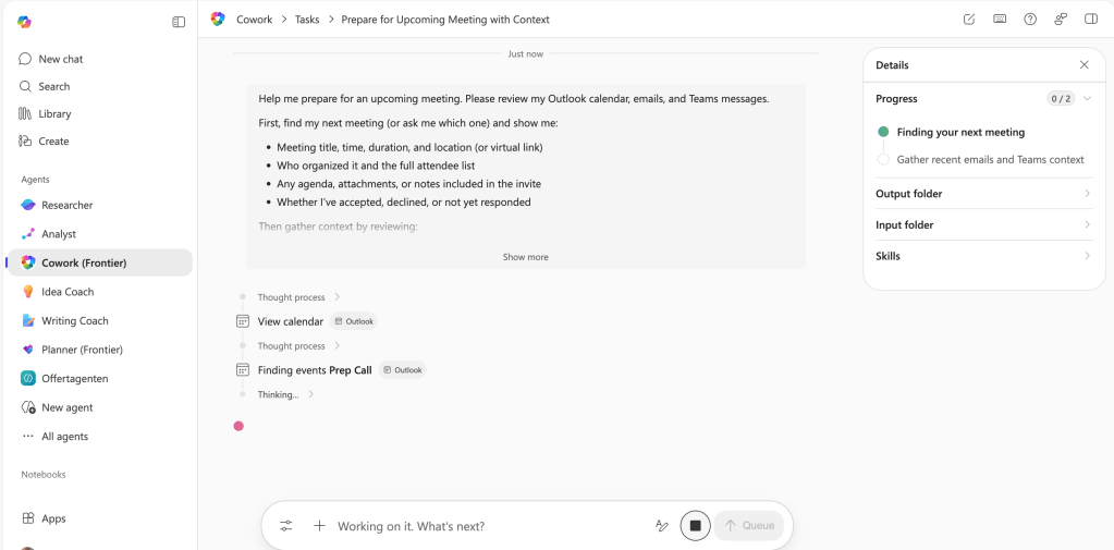 Skärmbild av när Cowork förbereder mig för ett kommande möte